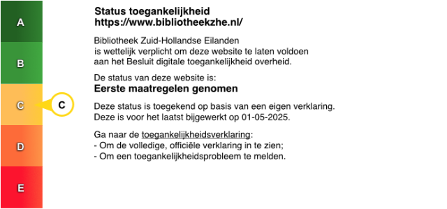 Status toegankelijkheidslabel van Bibliotheek Zuid-Hollandse Eilanden: Eerste maatregelen genomen, status C. Volg de link voor de volledige toegankelijkheidsverklaring.